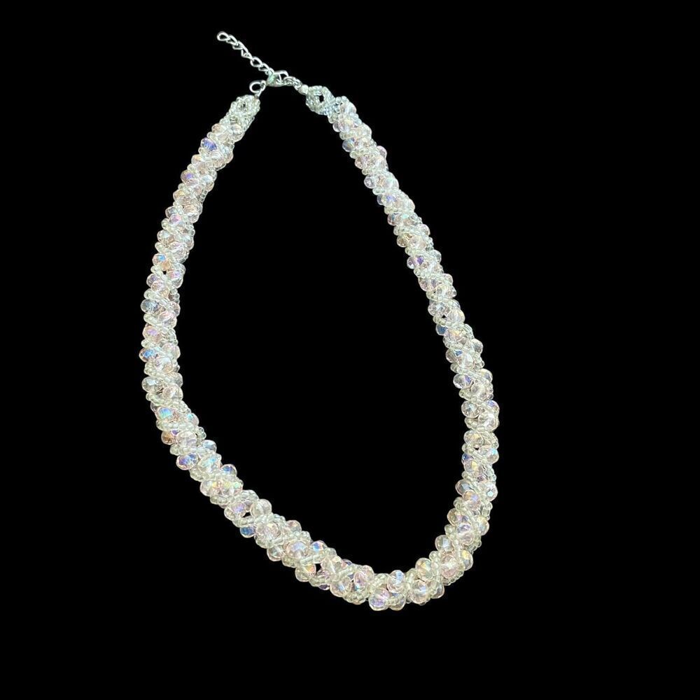 Kumihimo Necklace Pastel Pink Faceted Glass and Clear Seed Beads Wedding Formal